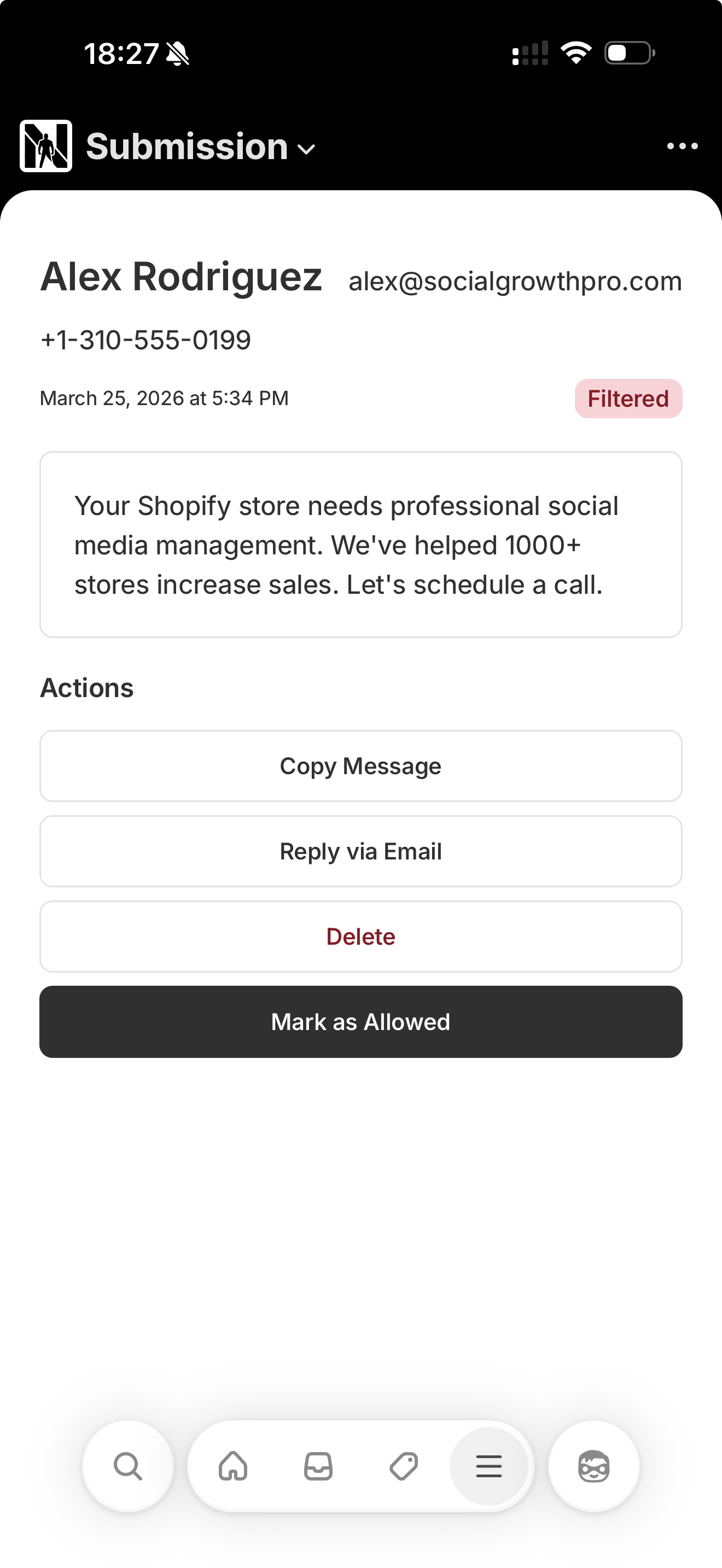 NOPE spam submission detail view with AI classification