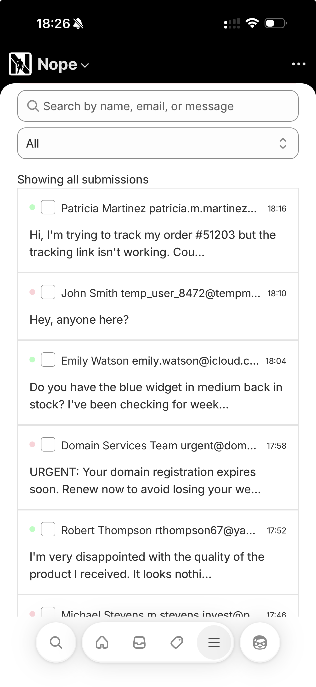 NOPE dashboard showing filtered spam submissions with scores