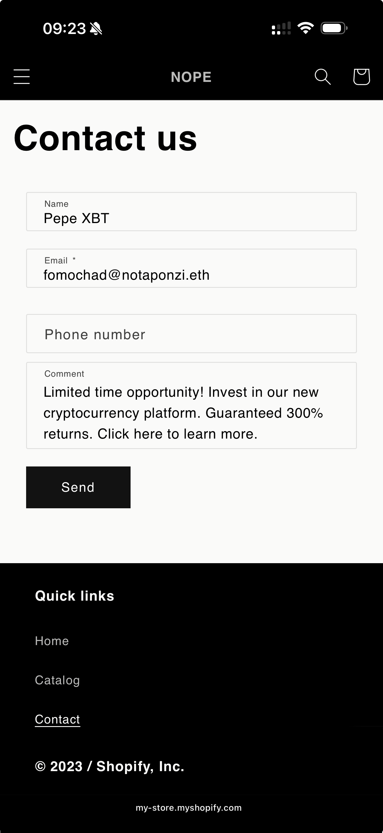 SEO spam pitch detected and blocked in Shopify contact form