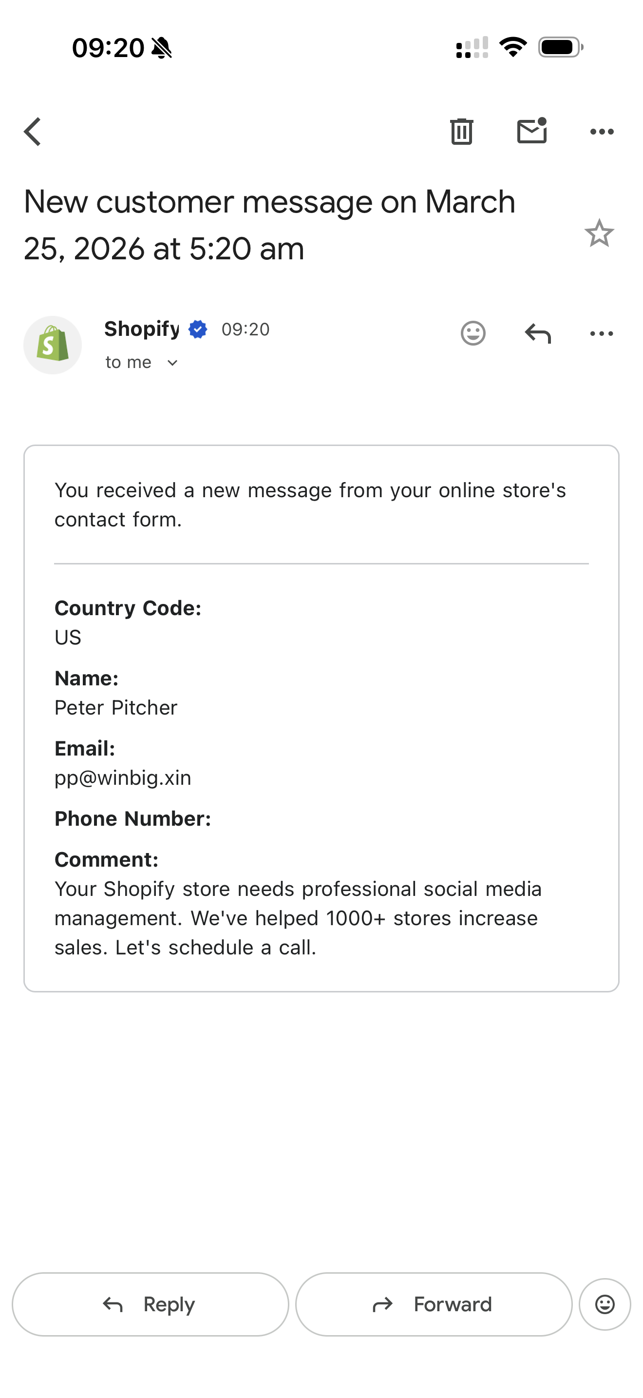 Phishing email caught by NOPE spam filter for Shopify